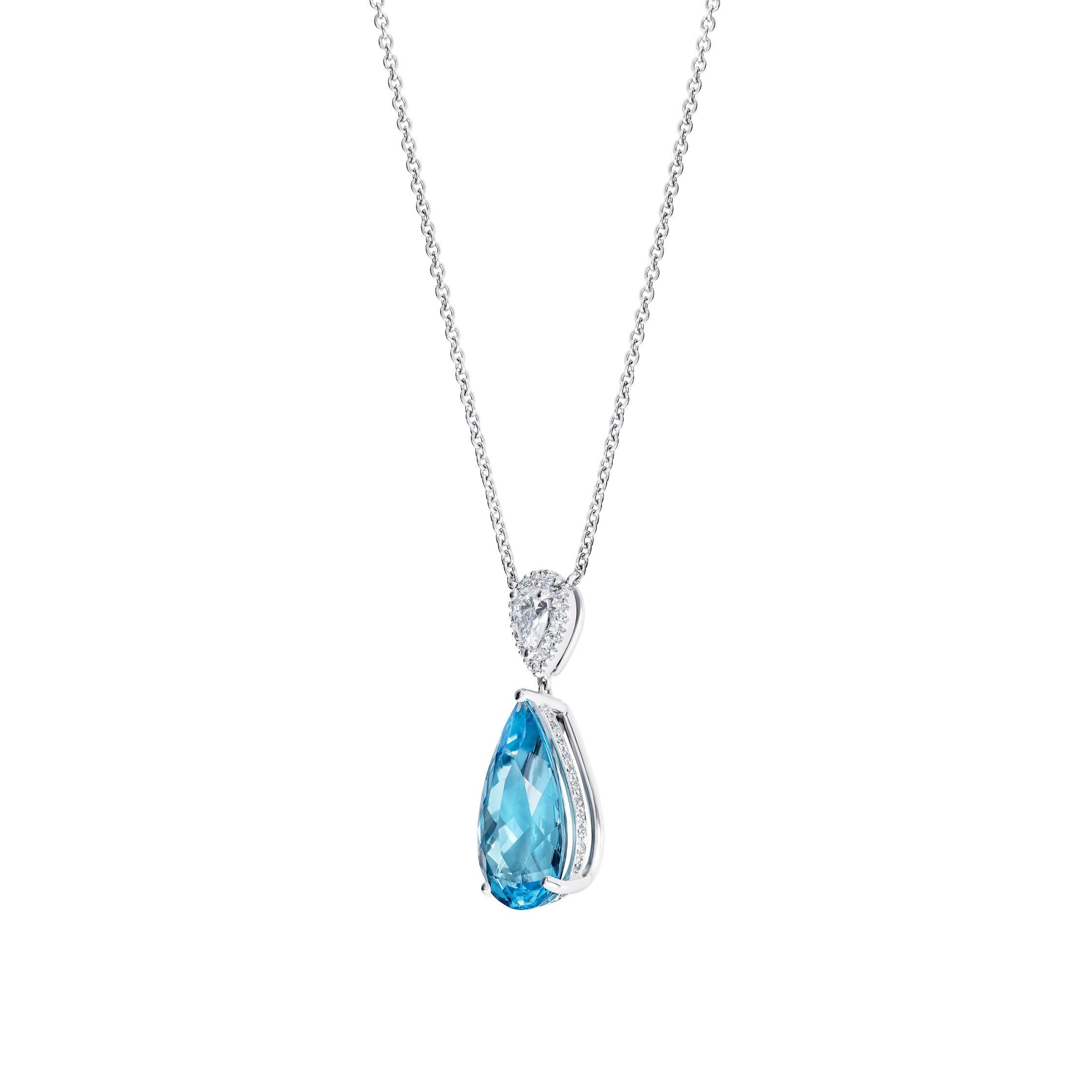Hirsh Burlington aquamarine and diamond pendant entirely made by hand in our Mayfair atelier.

- 6.31 carat pear shape aquamarine
- 1 pear shape diamond weighing 0.33 carats
- 39 brilliant cut diamonds totalling 0.35 carats
- Created in platinum,