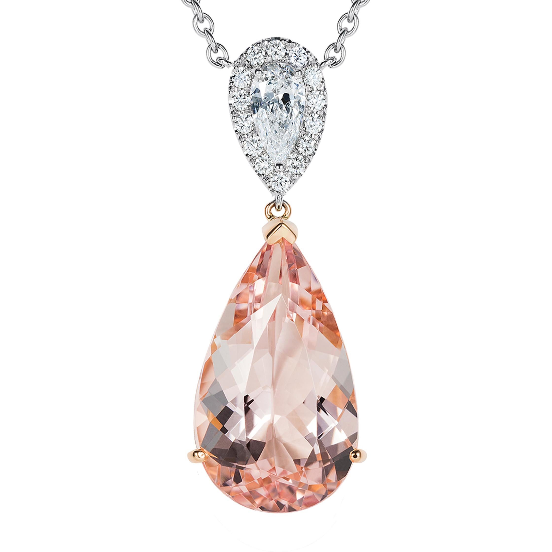 A beautiful, pear shape Morganite is set in the Hirsh Burlington setting below a diamond top. Created in 18K rose gold and platinum.

- 6.16 carat pear shape Morganite
- 0.40 carat pear shape diamond
- Further round diamonds weighing approx. 0.15