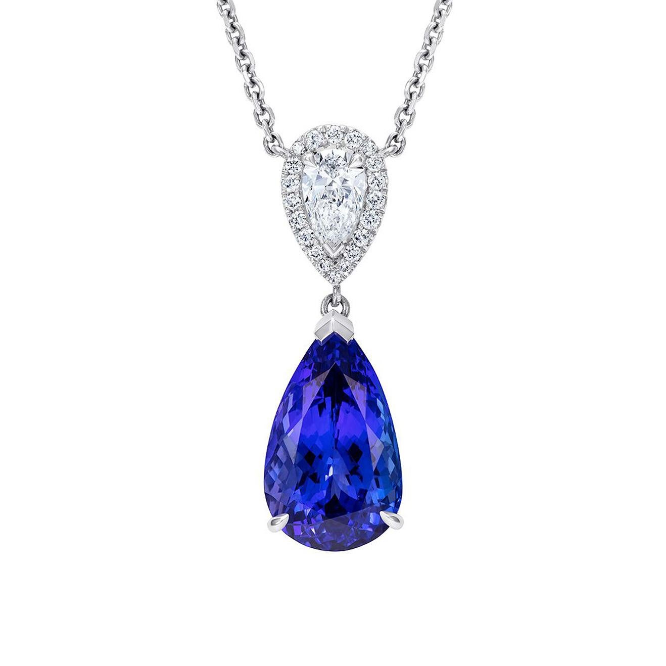 A beautiful, pear shape tanzanite is set in the Hirsh Burlington setting below a diamond top. Further round diamonds set around the pear shape diamond and discreetly in the collet.

- 6.63 carat pear shape tanzanite
- 0.42 carat pear shape diamond
-