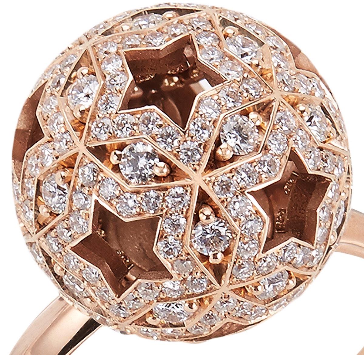 A unique ring design inspired by the constellations of the night sky and created with Hirsh Celestial Movement.

- 245 round cut diamonds weighing approx. 1 carat in total
- Created in 18K rose gold with 28 hidden ruby jewel spheres

This exquisite