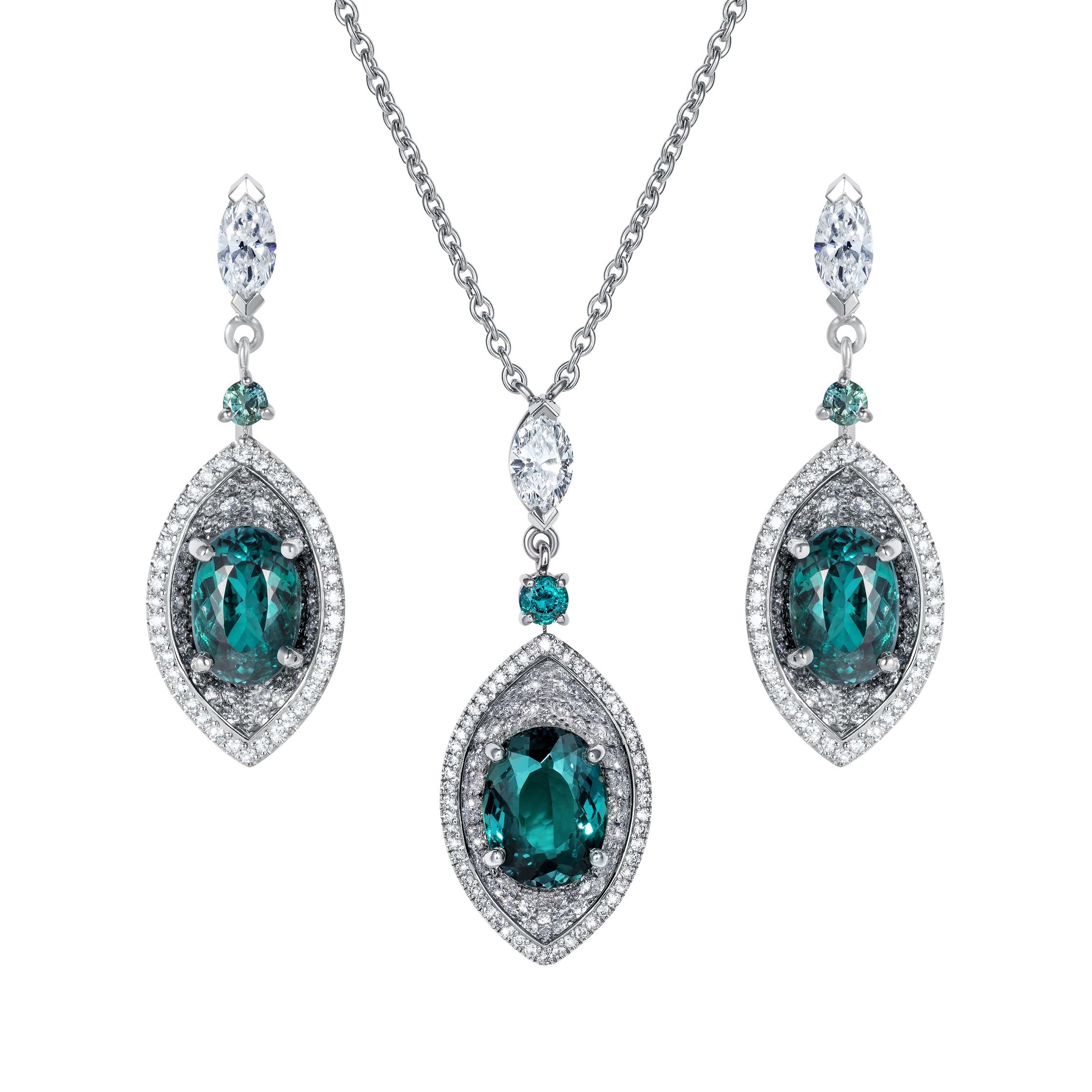 Hirsh Cleopatra pendant featuring an Alexandrite with phenomenal colour change, floating within a diamond crusted eye beneath a marquise diamond and matching round Alexandrite.

- 1.83 carat oval Brazilian Alexandrite
- GIA Certificate
- 1 Marquise