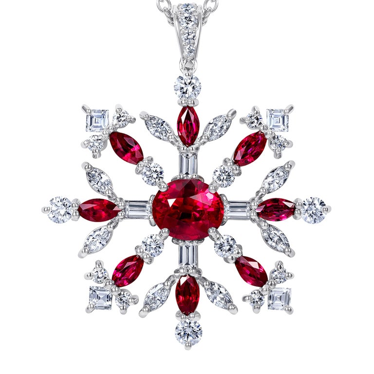 Contemporary Hirsh Snowflake Pendant Set with Rubies and Diamonds For Sale