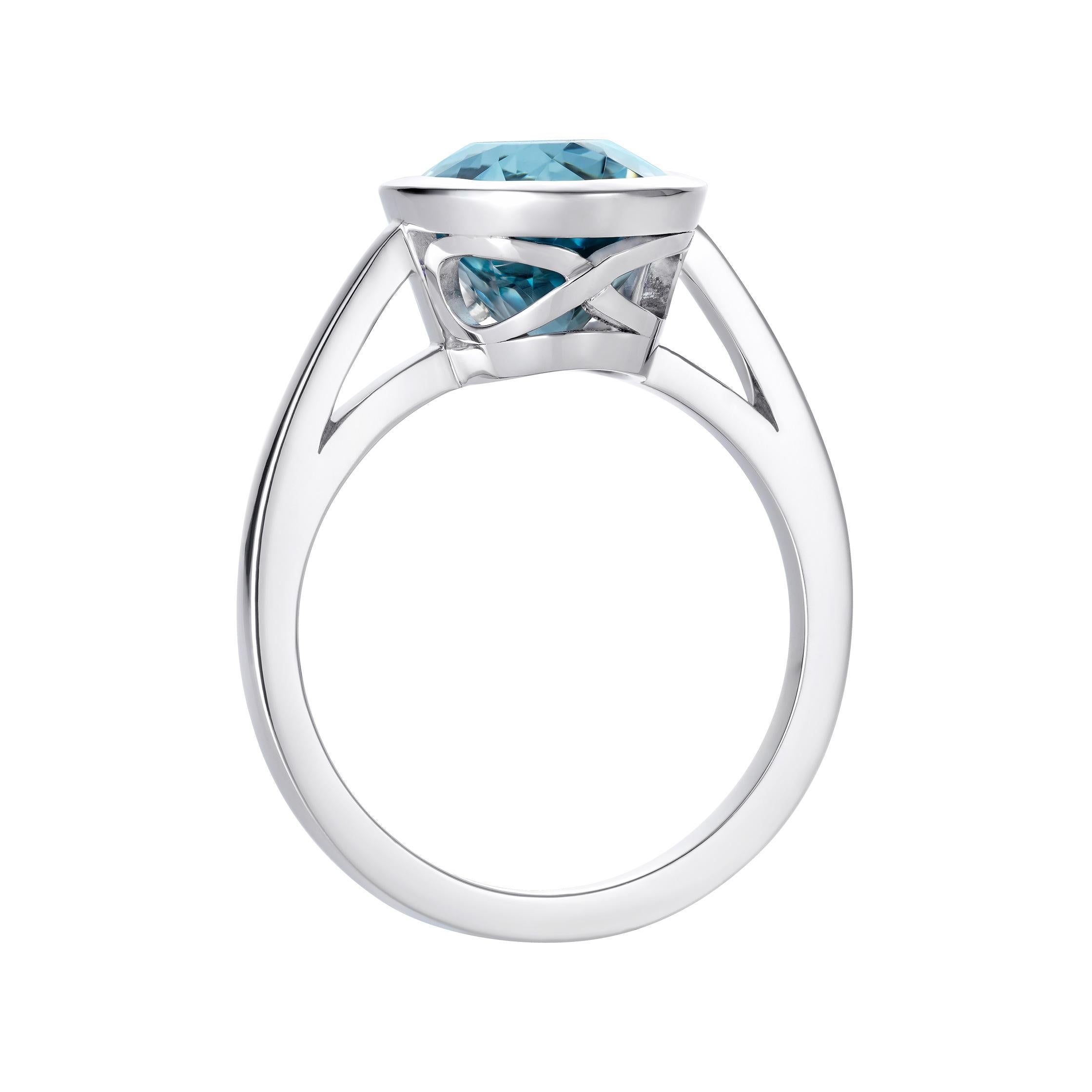 A beautiful ocean-blue aquamarine is set in our Venus setting, highlighting the beauty of this eye-catching gem.

- 3.57 carat oval aquamarine
- A Hirsh Venus setting with our infinity mark on the side
- Created in platinum, handmade in