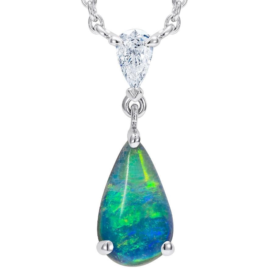 A rare pear shape Australian black opal weighing 0.66 carats set below a diamond top. The total diamond weight is 0.09 carats. This beautiful necklace is handmade in platinum.

Formed deep within the earth and found on every continent, natural