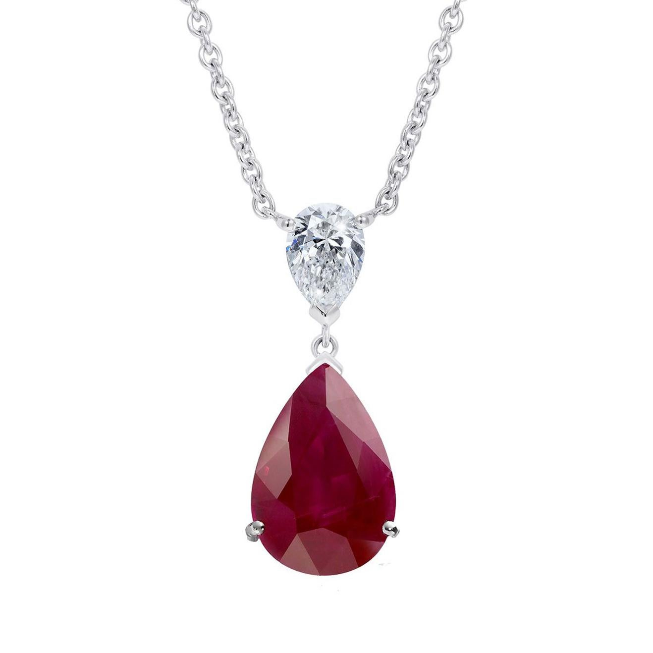 A pear shape ruby set below a pear shape diamond in the Hirsh Wallace setting.

- 1.25 carat pear shape ruby
- 0.28 carat pear shape diamond
- Handmade in platinum in our Mayfair atelier

Formed deep within the earth and found on every continent,