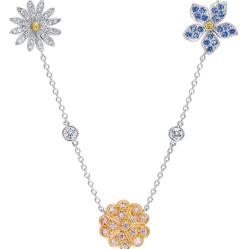 This beautiful necklace celebrates the beauty of British wildflowers. Featuring a delightful array of Wildflowers: two diamond daisies in alternating white and yellow hues, two sapphire and yellow diamond forget-me-nots, two vibrant yellow diamond