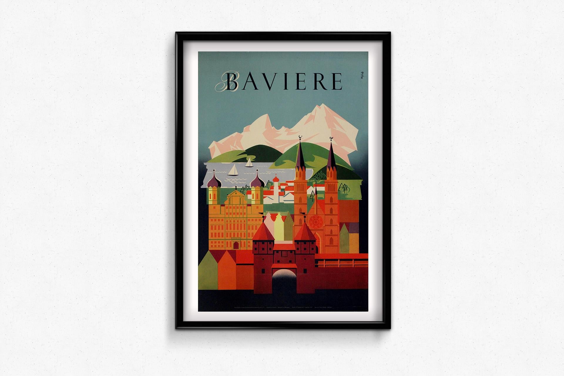 Este elegante cartel litográfico original de 1957 fue encargado por la Oficina Nacional Alemana de Turismo de París para promocionar los viajes a Baviera (