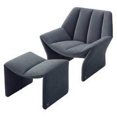 Hirundo Armchair in Pewter Gray Fabric with Footstool by Busnelli