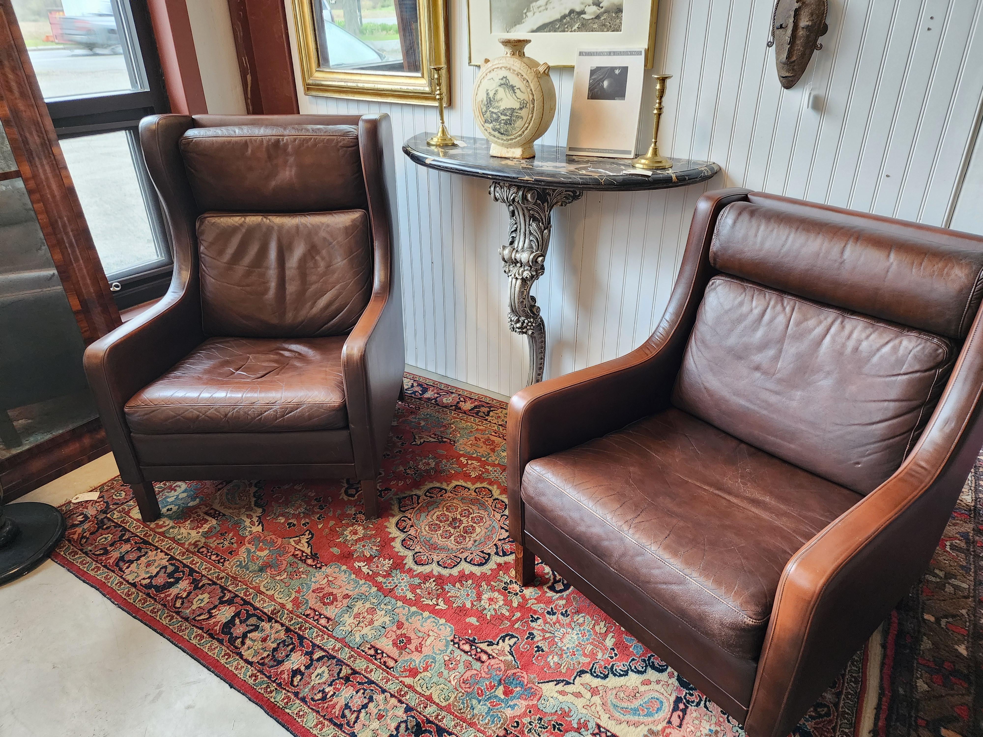 His and Hers Borge Mogensen Leather Lounge Chairs Denmark 1960s For Sale 5