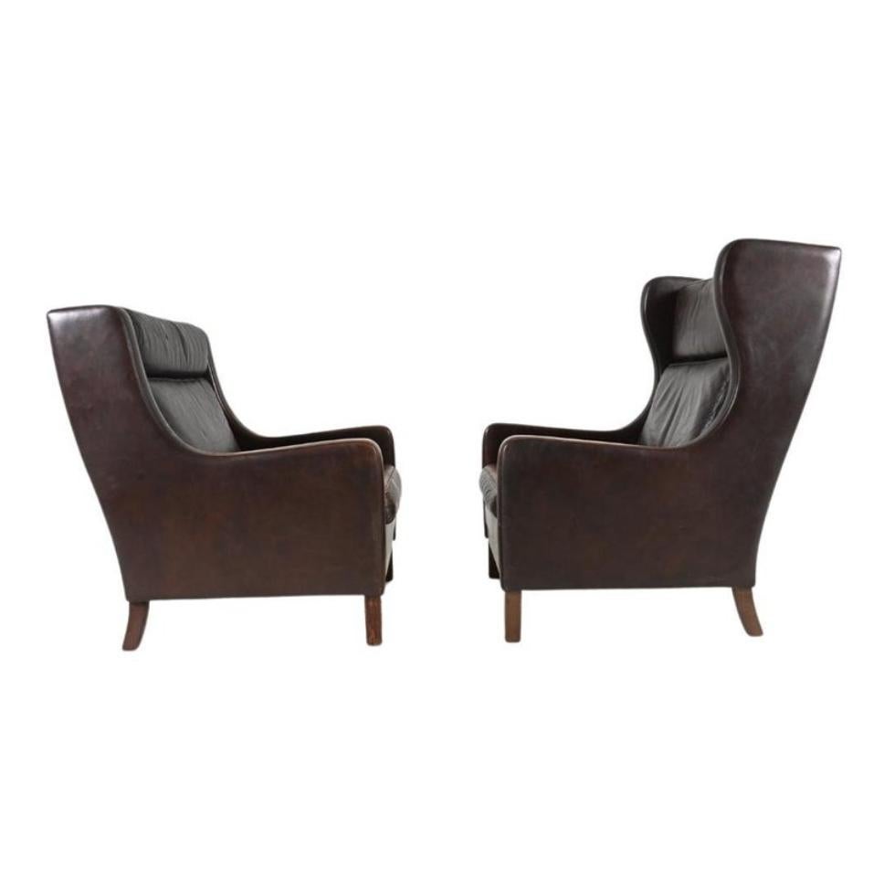 20th Century His and Hers Borge Mogensen Leather Lounge Chairs Denmark 1960s For Sale