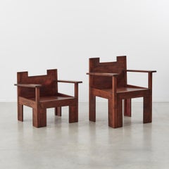 His and Hers Brutalist Wooden Chairs, circa 1970s