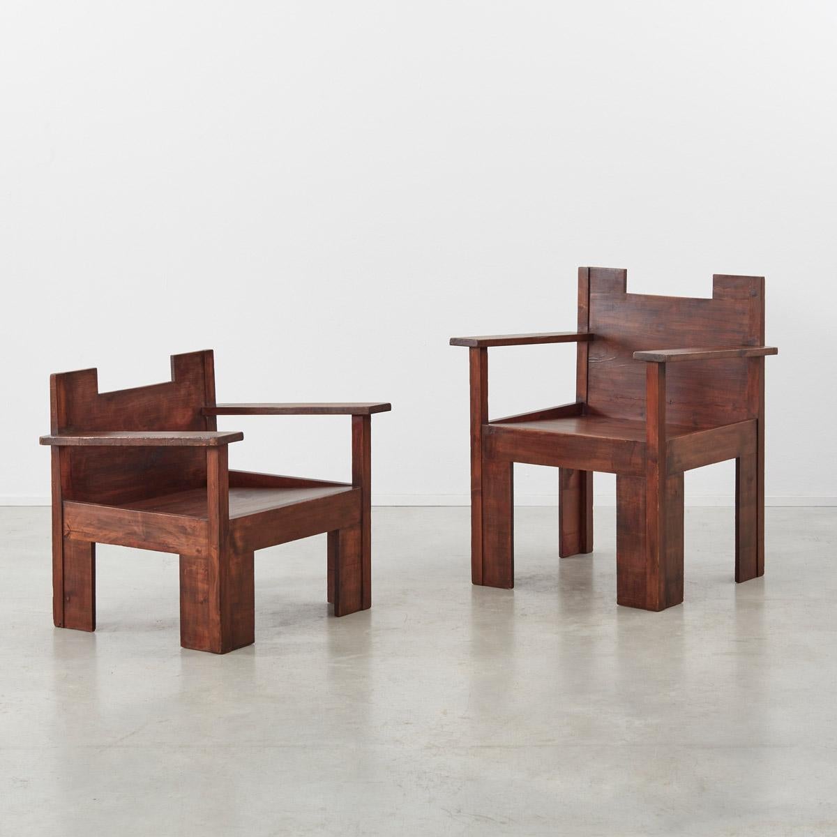 European His and Hers Brutalist Wooden Chairs, circa 1970s