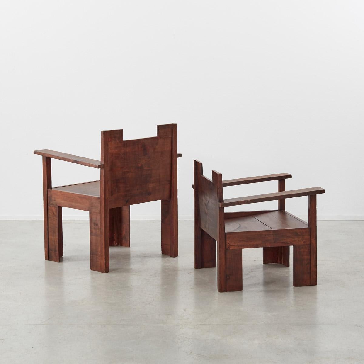 Stained His and Hers Brutalist Wooden Chairs, circa 1970s