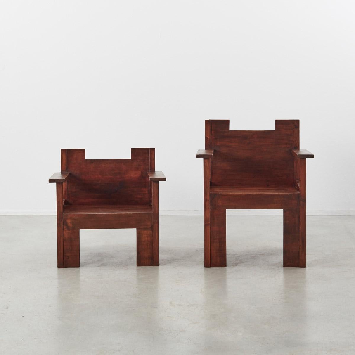 His and Hers Brutalist Wooden Chairs, circa 1970s 2