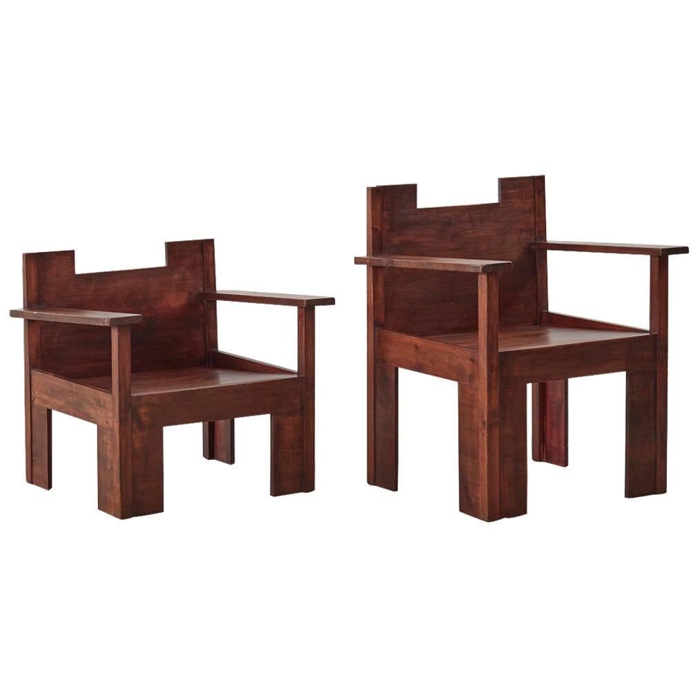His and Hers Brutalist Wooden Chairs, circa 1970s