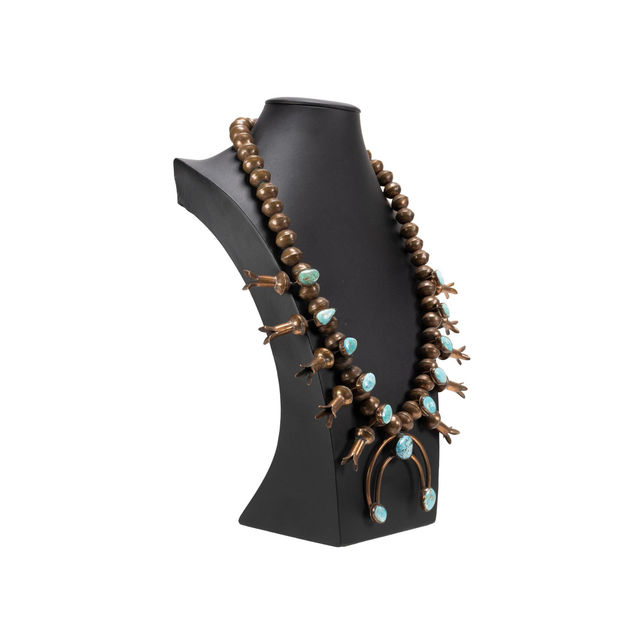 Native American His and Hers Navajo Copper and Turquoise Squash Blossom Necklaces For Sale