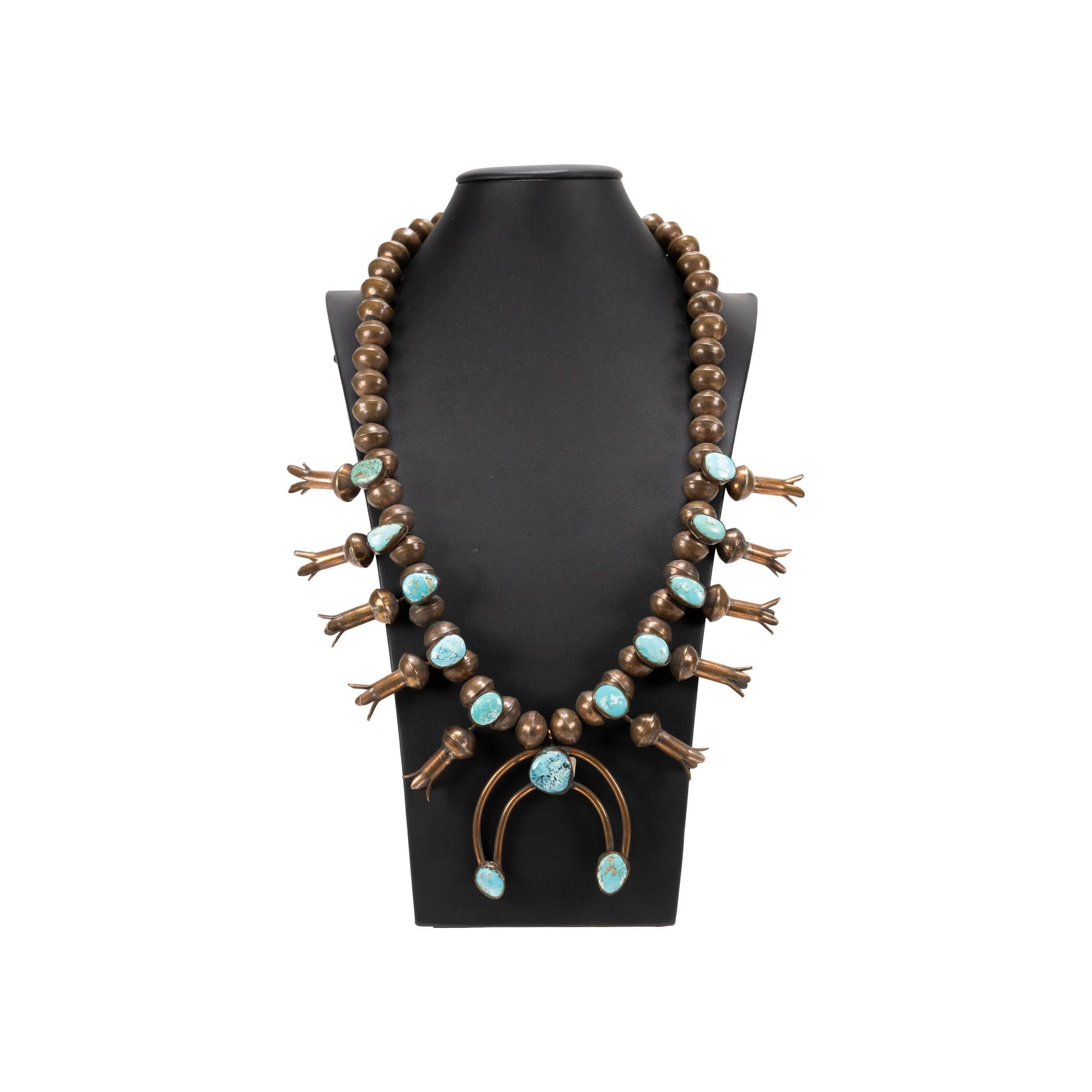 Old Mine Cut His and Hers Navajo Copper and Turquoise Squash Blossom Necklaces For Sale