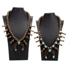 Antique His and Hers Navajo Copper and Turquoise Squash Blossom Necklaces