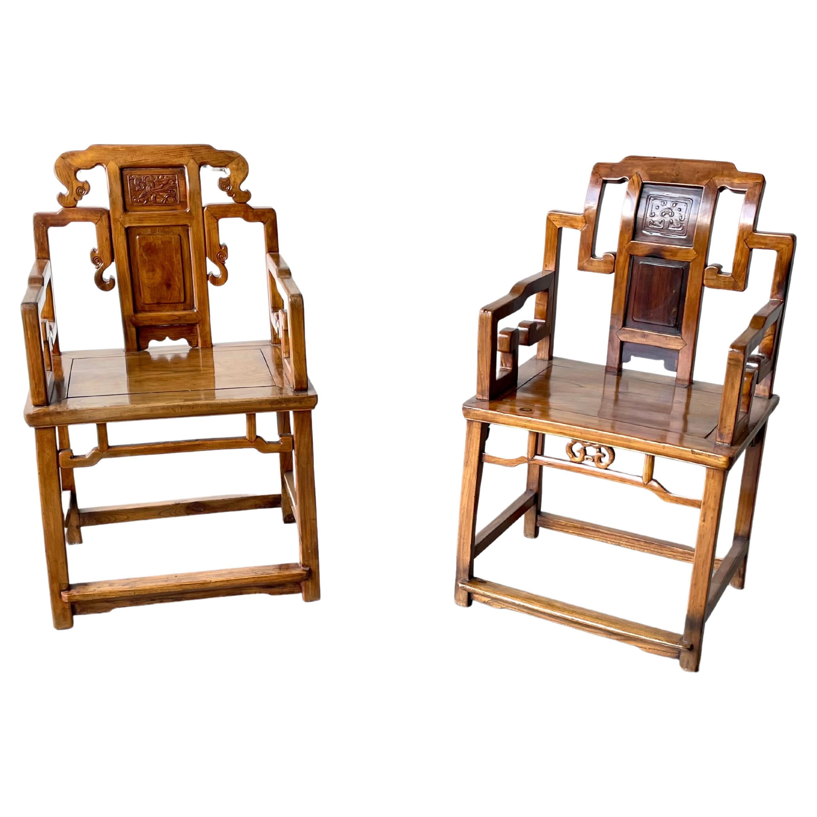 His and Hers Pair of 19th Century Chinese Hardwood Arm Chairs For Sale
