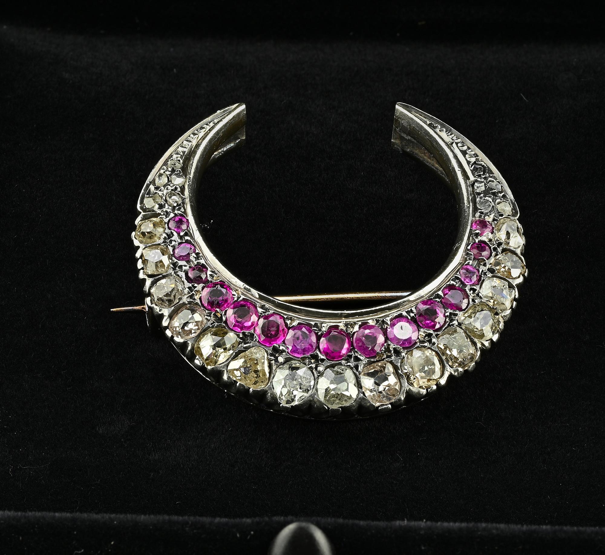This beautiful antique Crescent Moon is 1870 ca
Glorious Victorian workmanship made of solid 18 KT gold and Silver
Set with 15 graduated in size old mine cut Diamonds and tiny rose cut Diamonds to complement, approx 3.10 Ct (H/I-SI/I) – lovely color