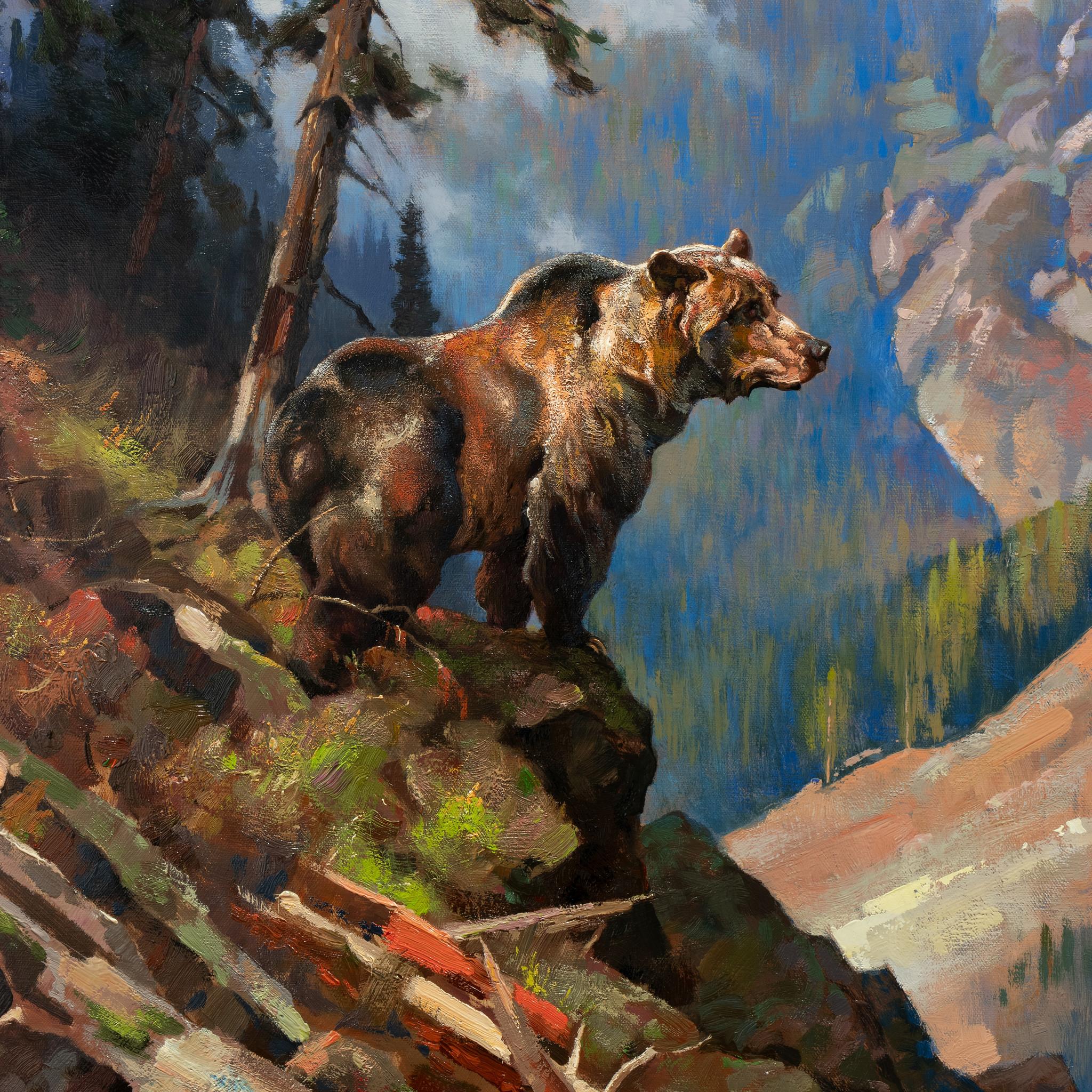 Peint à la main Peinture à l'huile originale d'un ours « His Domain » de Greg Parker en vente