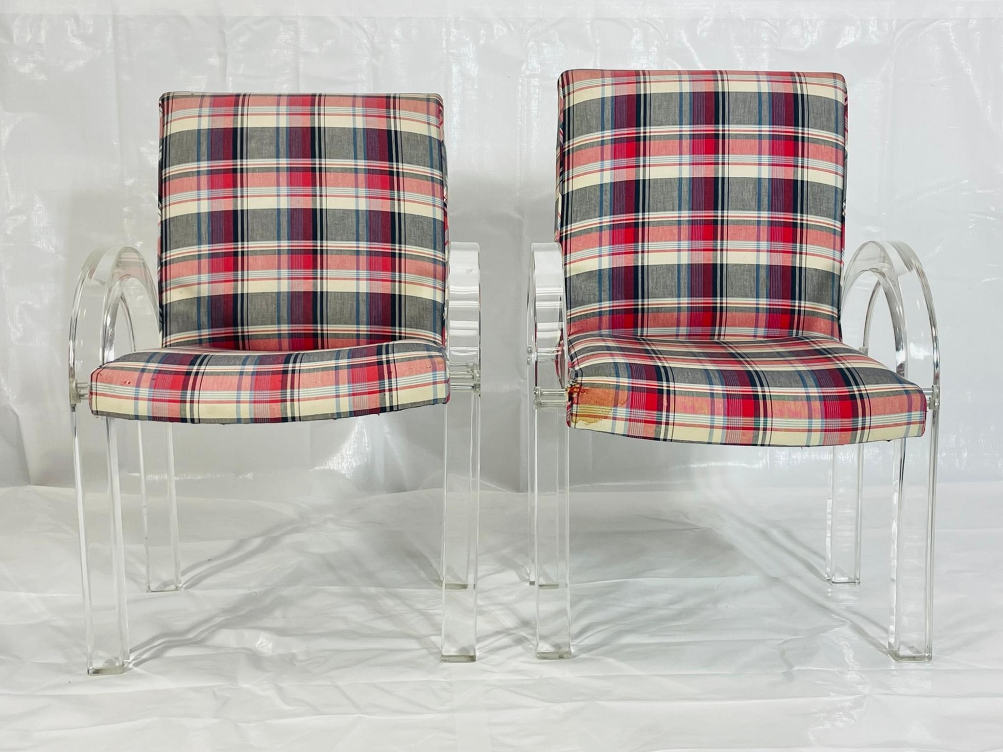 Fabric His & Hers Lucite Armchairs by Charles Hollis Jones, Signed & Dated 1972 For Sale