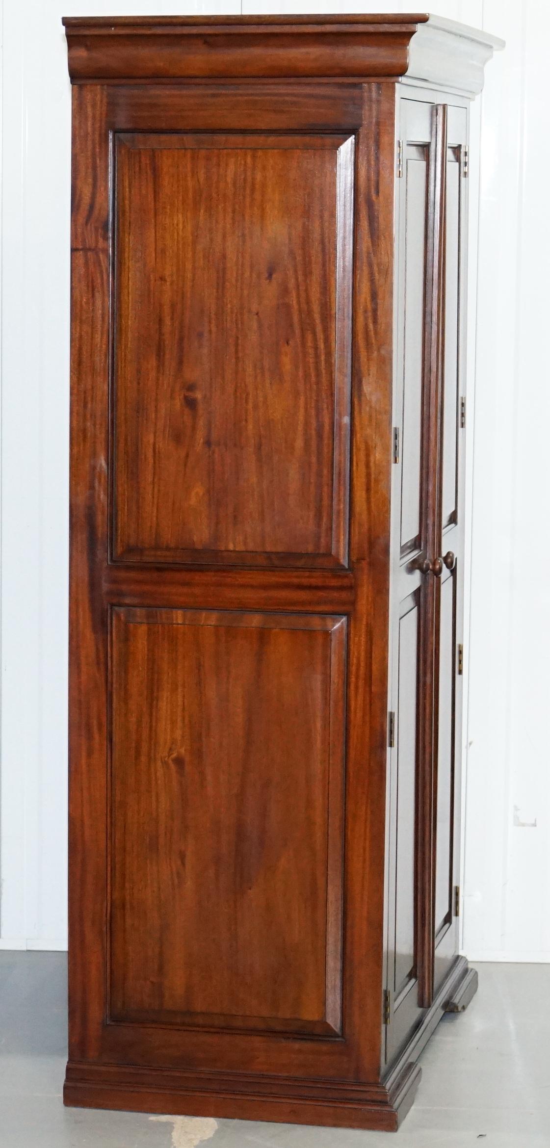His & Hers Pair of Solid Panelled Mahogany Wardrobes with Large Hanging Space In Good Condition In West Sussex, Pulborough