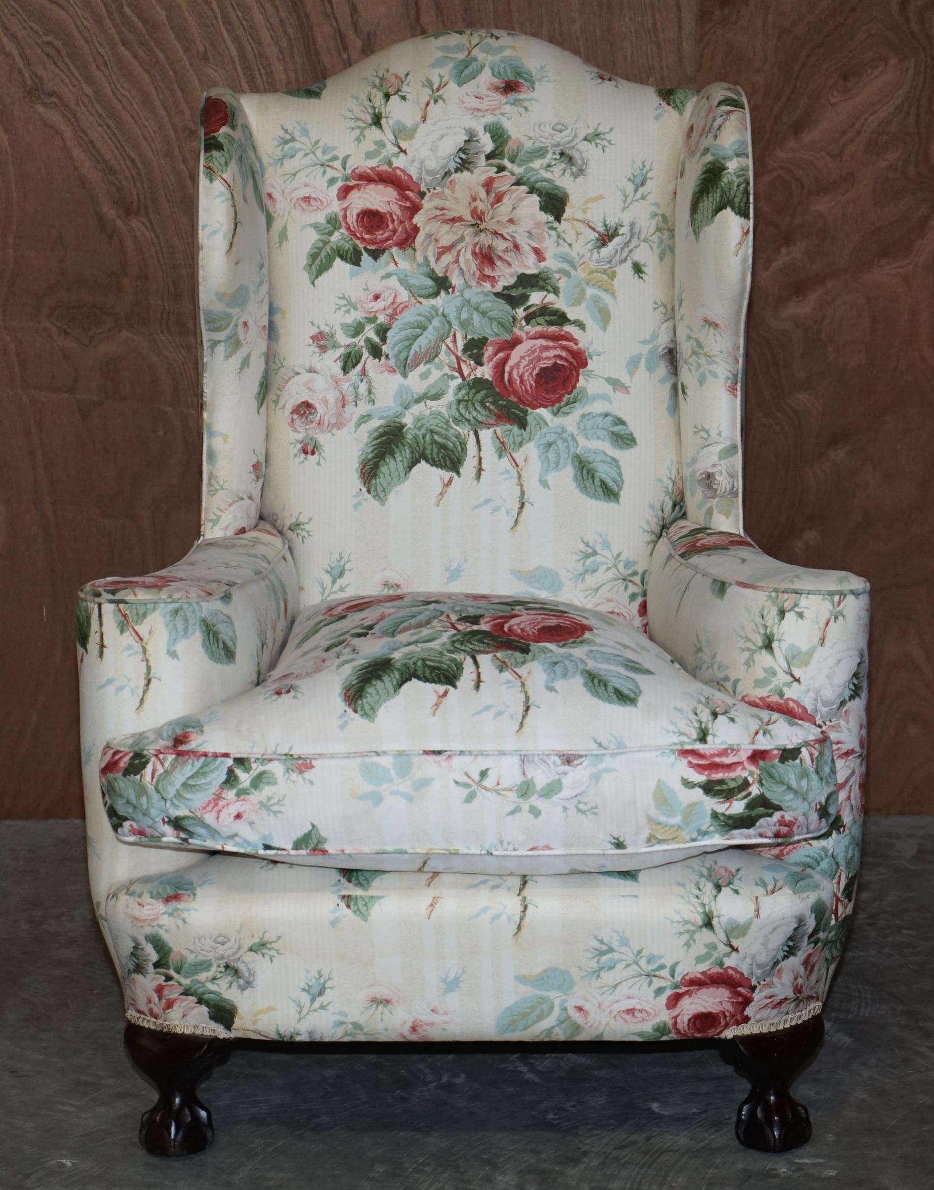 English His & Her's Pair of Victorian Claw & Ball Feet Wingback Armchairs Colefax Fowler