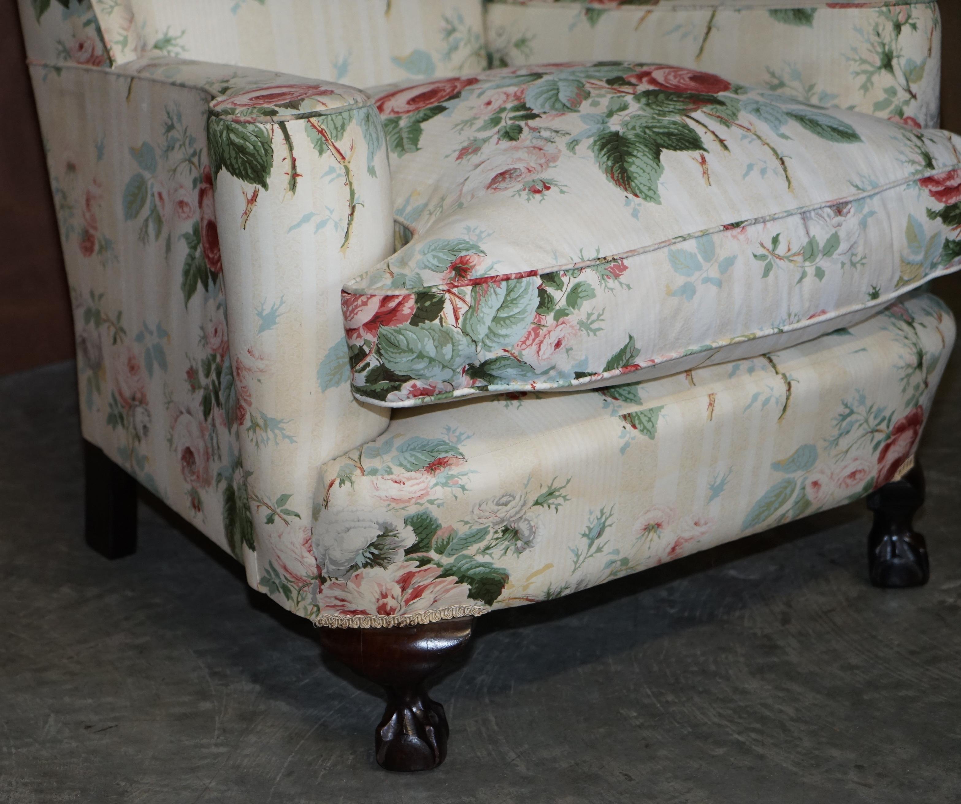 19th Century His & Her's Pair of Victorian Claw & Ball Feet Wingback Armchairs Colefax Fowler