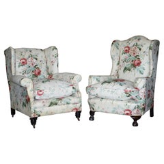 Used His & Her's Pair of Victorian Claw & Ball Feet Wingback Armchairs Colefax Fowler