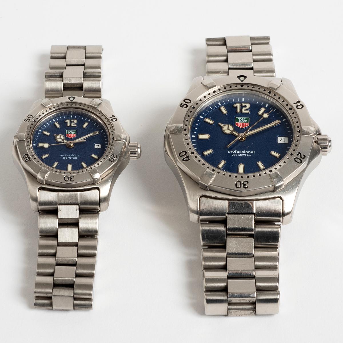 Two similarly aged neo-vintage Tag Heuer available as a set: 1. Our neo vintage ladies Tag Heuer 2000, reference WM1311, features a 29mm exc crown stainless steel case, rotating bezel and stainless steel bracelet. Notable to this example is the