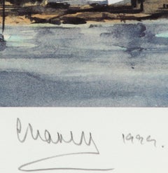 Greek Island, Fishing Boats - Signed Lithograph, Royal Art, Greece, Hills, sea