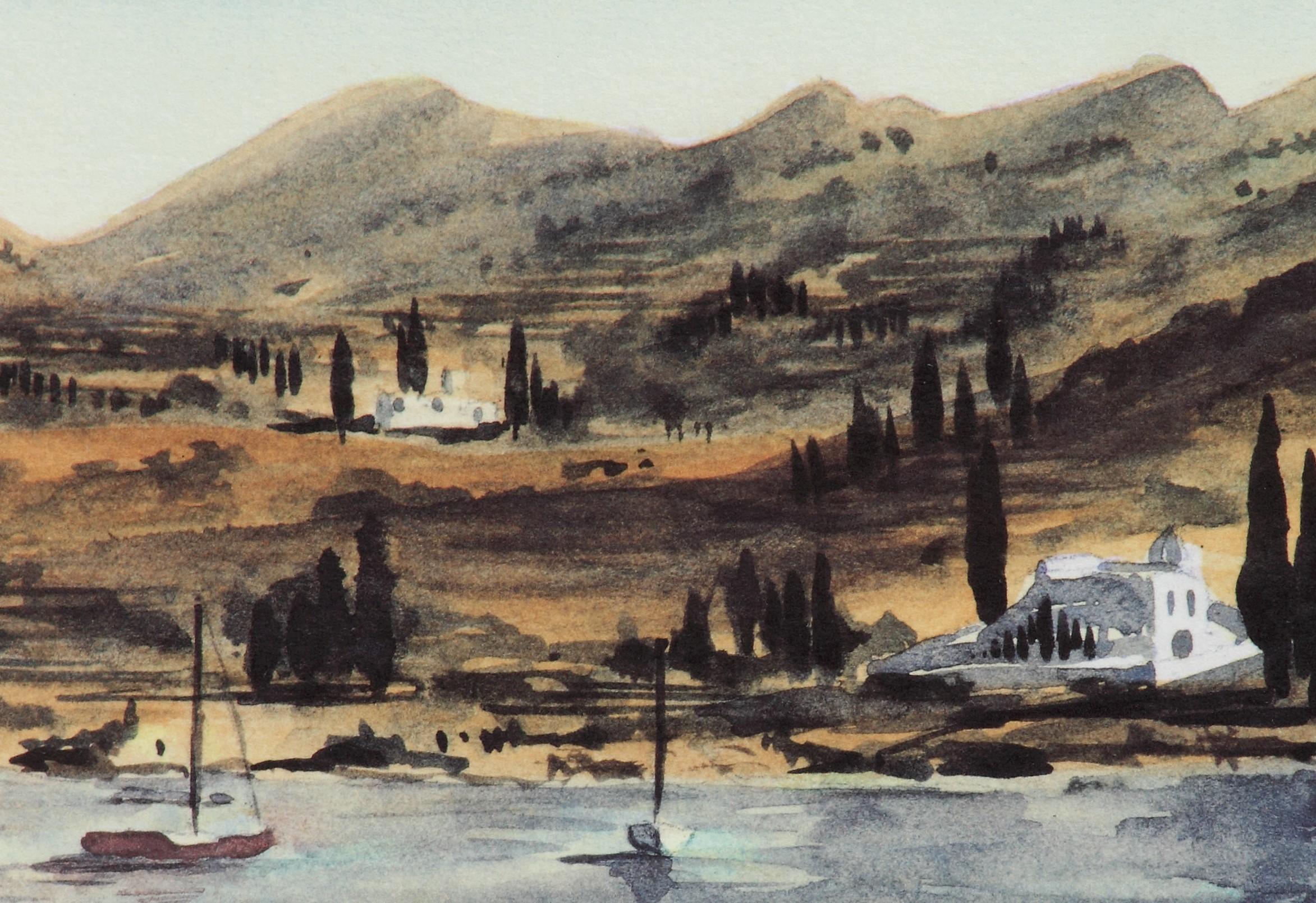 Isla griega, Barcos de pesca - Litografía firmada, Arte Real, Grecia, Colinas, mar - Print Académico de His Majesty King Charles III