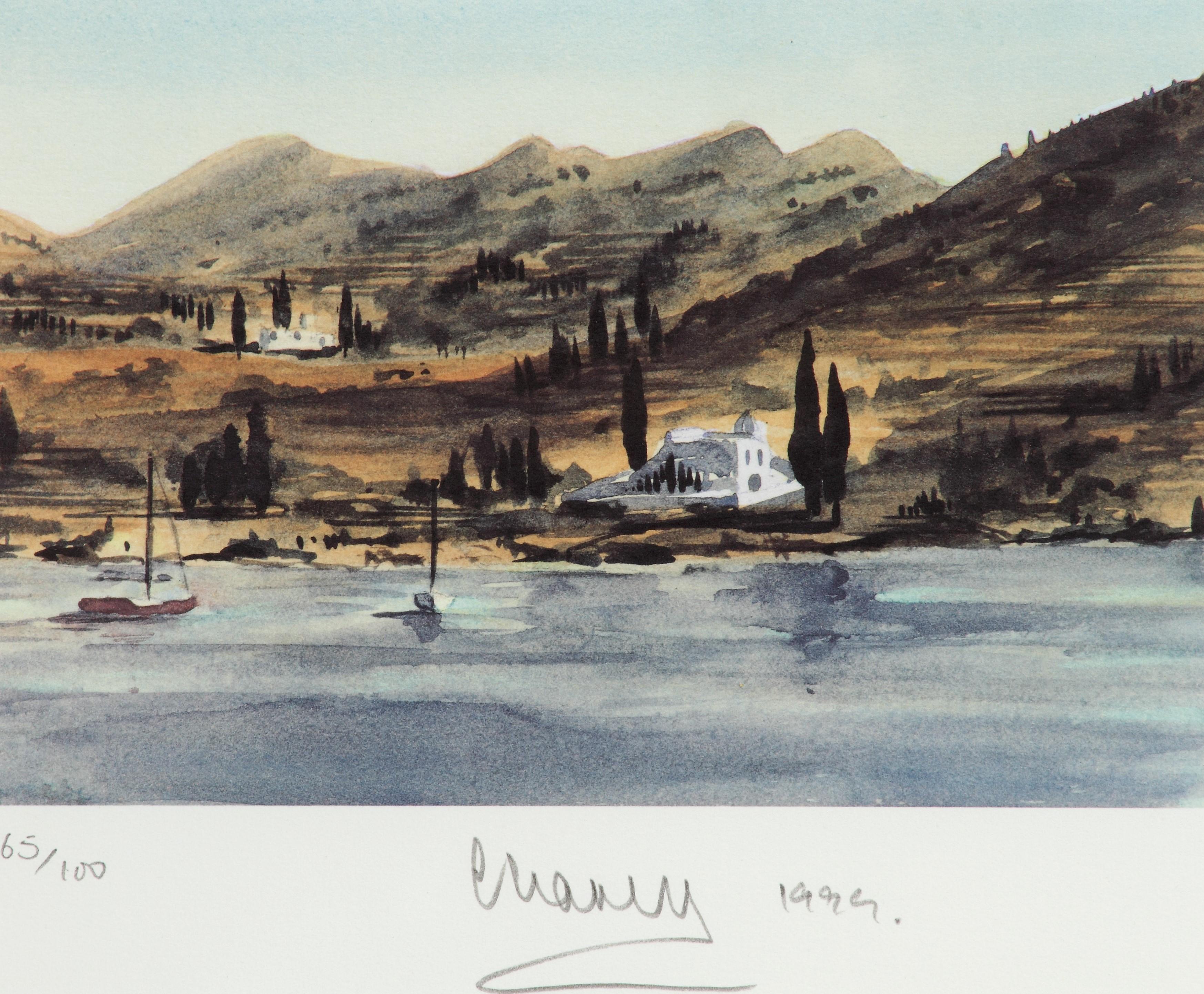 Isla griega, Barcos de pesca - Litografía firmada, Arte Real, Grecia, Colinas, mar - Print Gris de His Majesty King Charles III