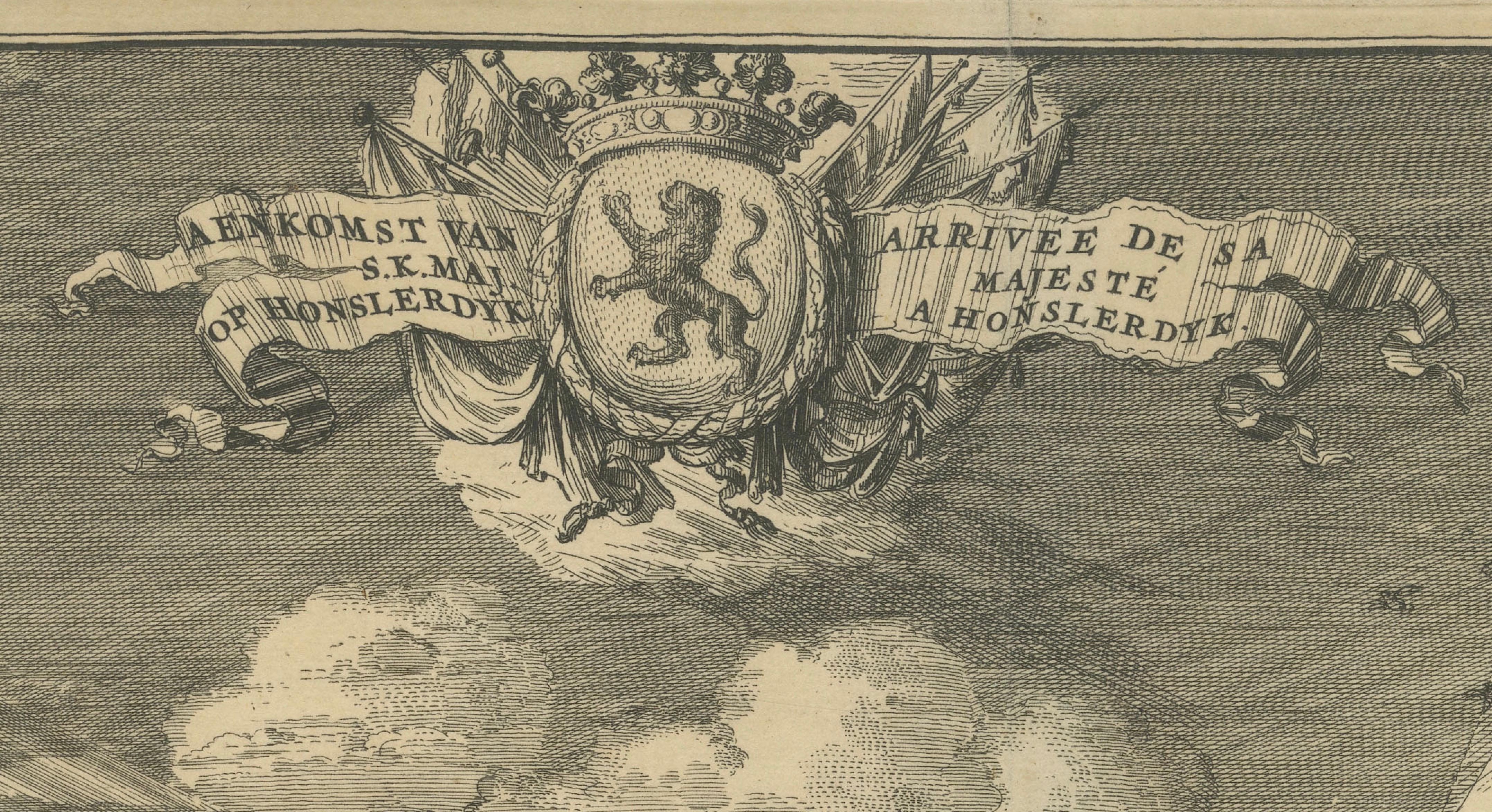 Titre : Arrivée de Sa Majesté à Honselaarsdijk - Gravure de la grande procession, vers 1690

Description :
Cette impressionnante gravure ancienne de grand format représente le grand cortège d'arrivée de Sa Majesté au palais de Honselaarsdijk (Huis
