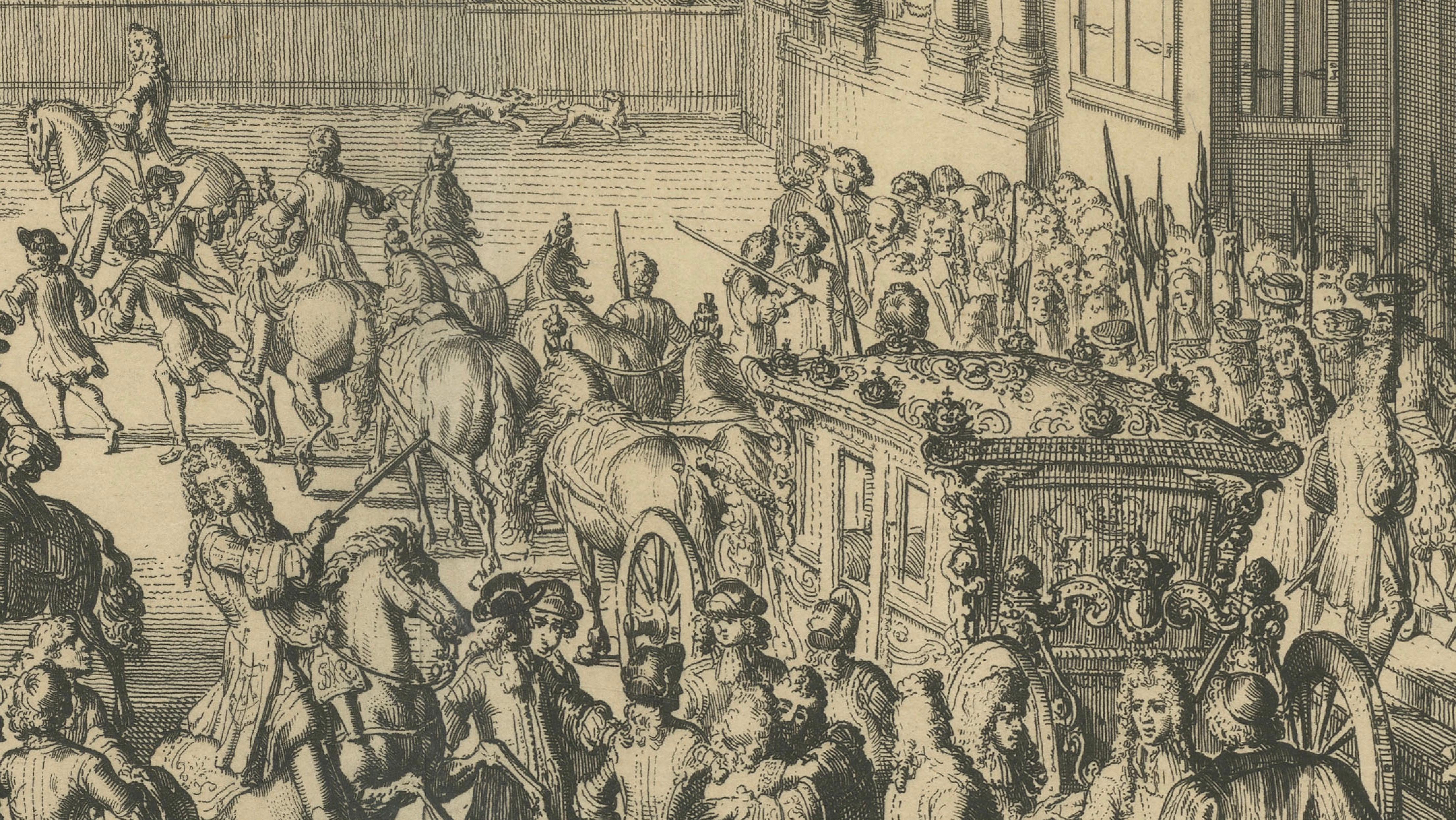 Néerlandais Arrivée de Sa Majesté à Honselaarsdijk - Grande procession Gravure c.1690 en vente