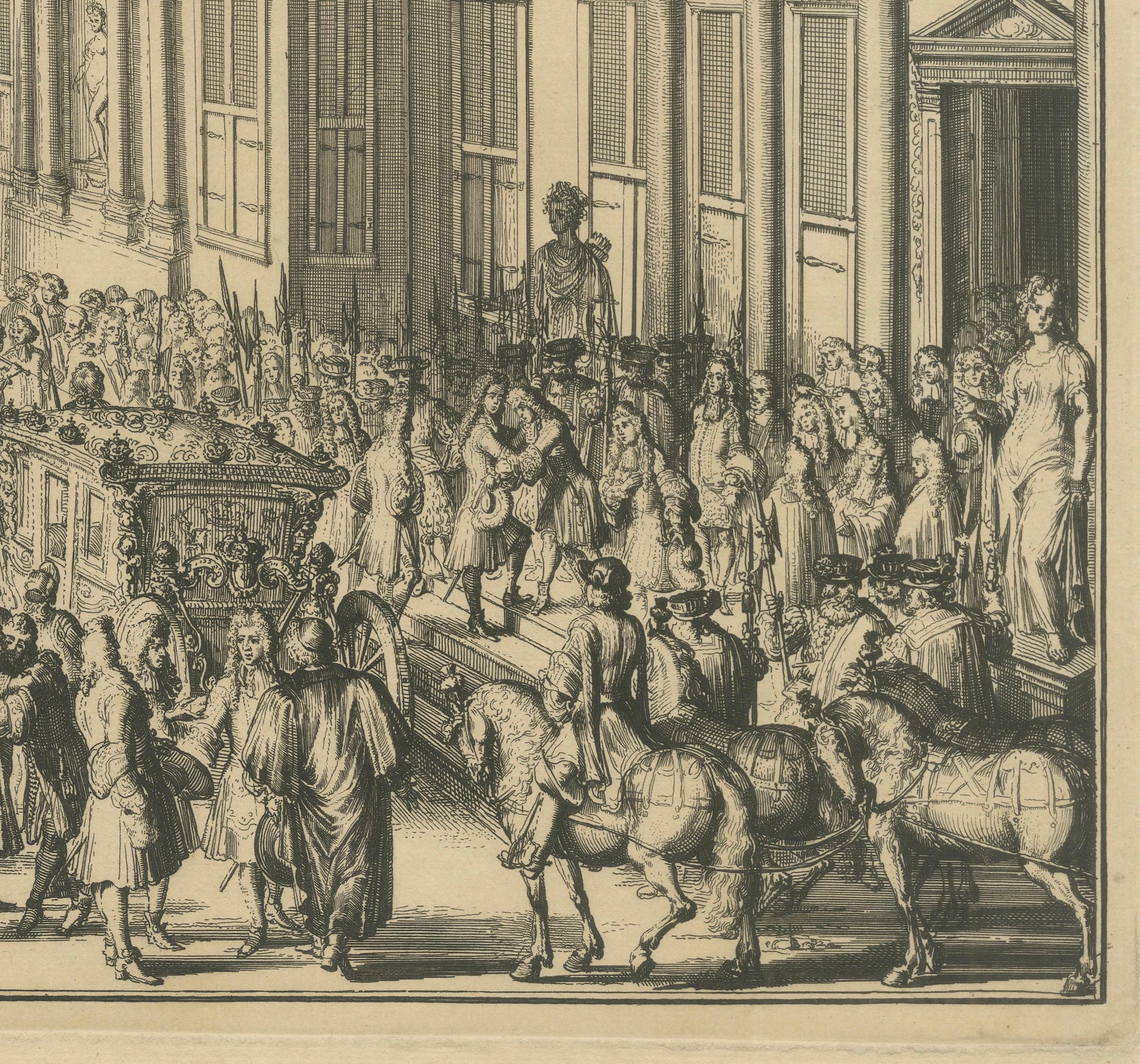 Gravé Arrivée de Sa Majesté à Honselaarsdijk - Grande procession Gravure c.1690 en vente