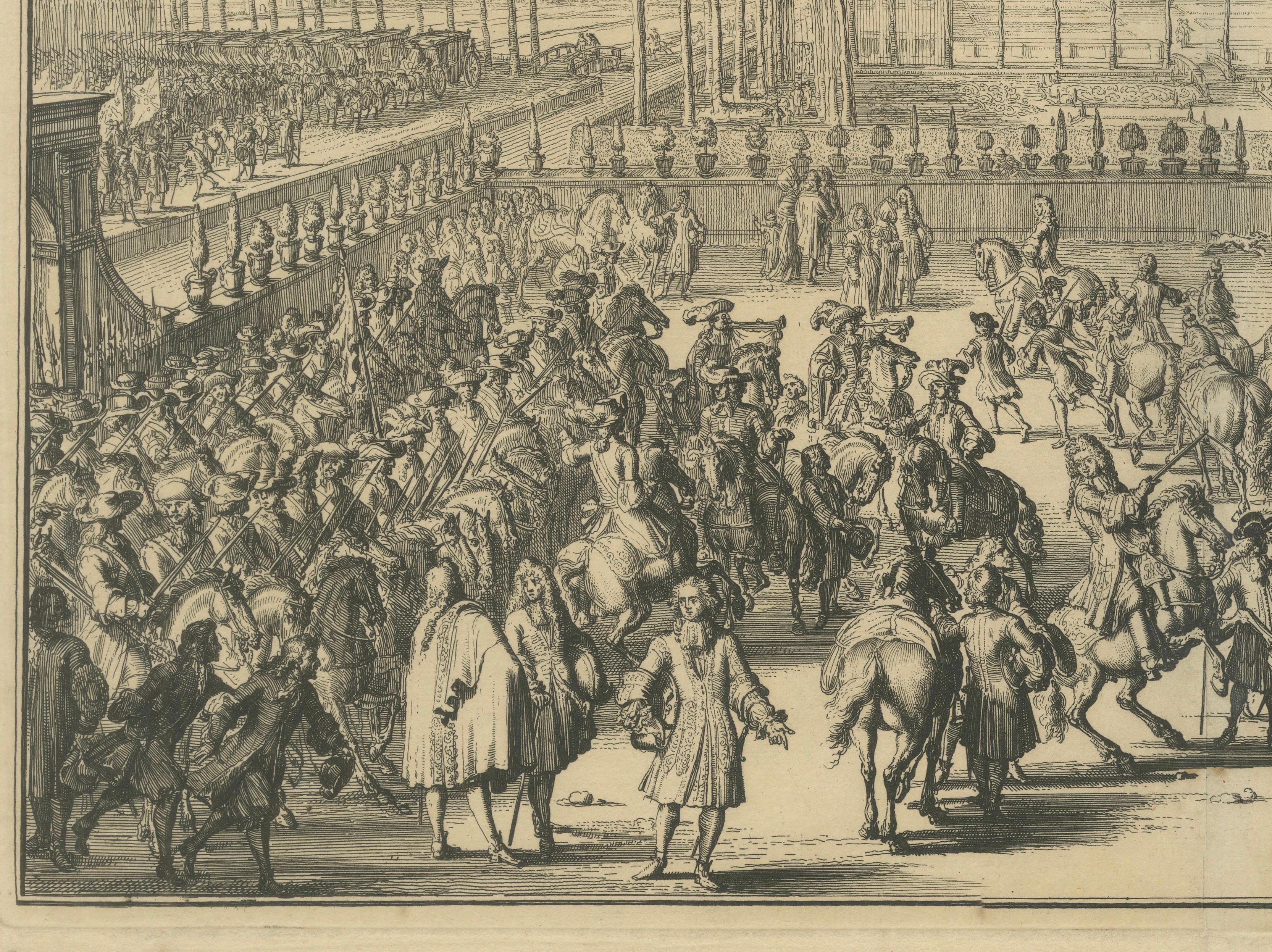 Arrivée de Sa Majesté à Honselaarsdijk - Grande procession Gravure c.1690 Bon état - En vente à Langweer, NL