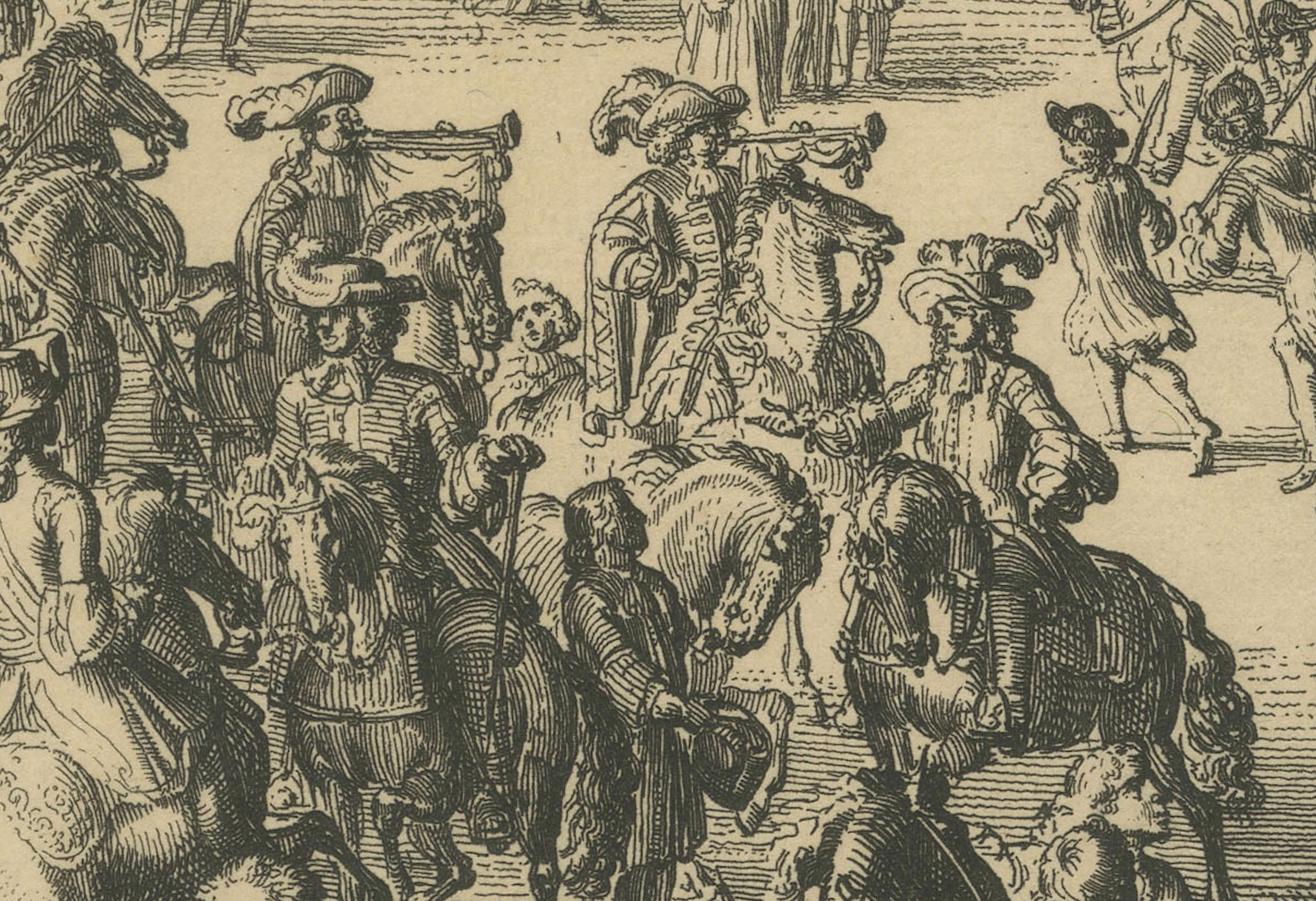 17ème siècle Arrivée de Sa Majesté à Honselaarsdijk - Grande procession Gravure c.1690 en vente