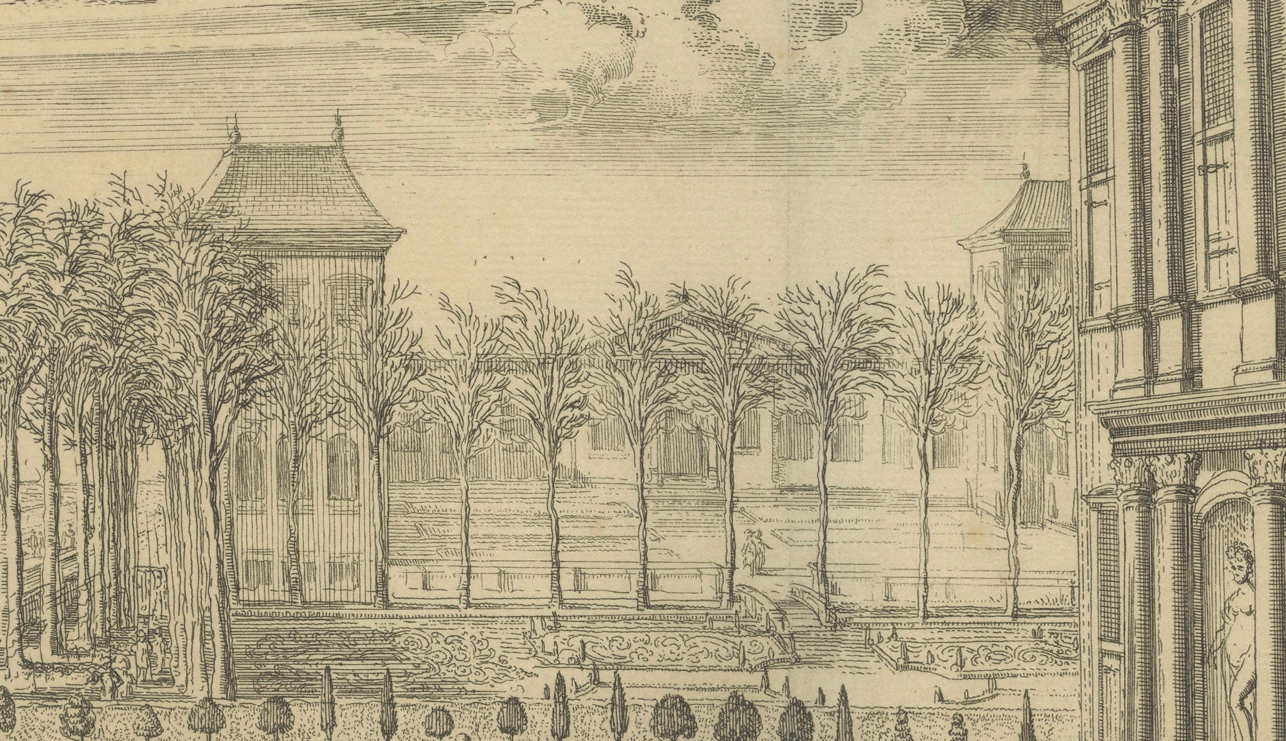 Papier Arrivée de Sa Majesté à Honselaarsdijk - Grande procession Gravure c.1690 en vente