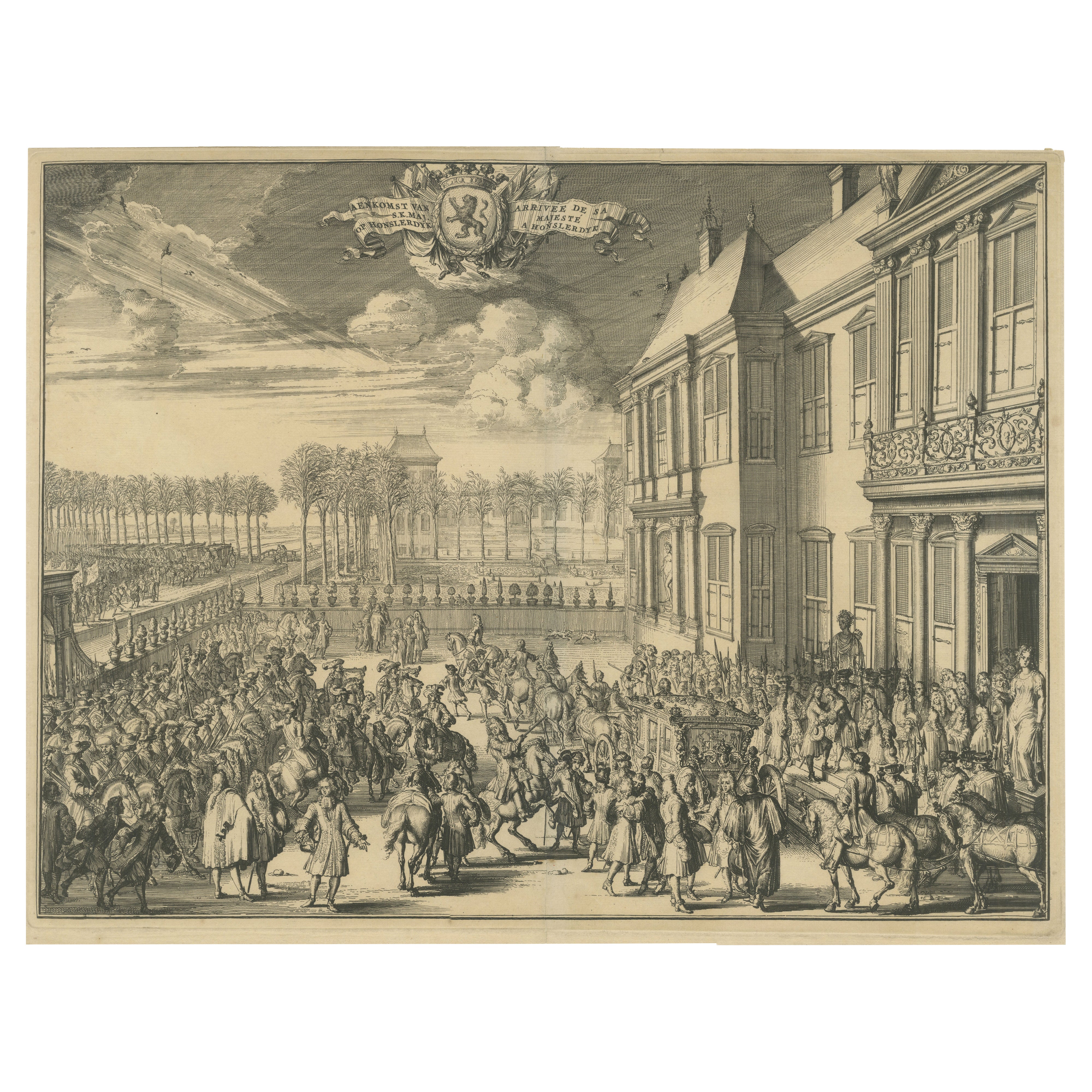 Arrivée de Sa Majesté à Honselaarsdijk - Grande procession Gravure c.1690