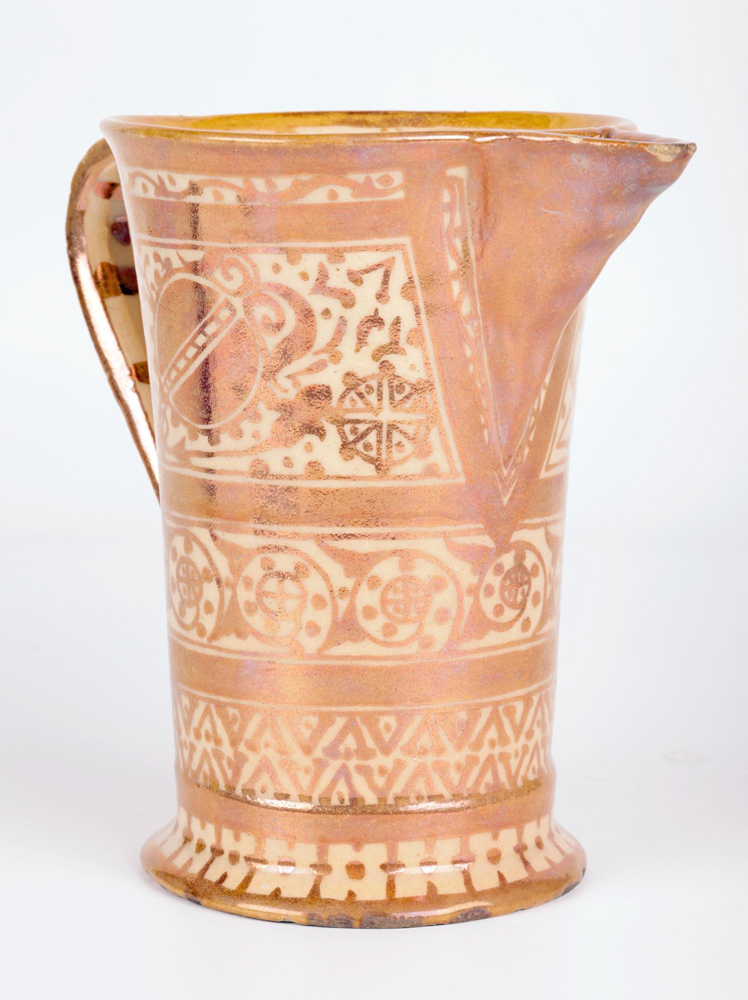 Hand-Crafted Hispano-Moresque Moorish Copper Lustre Glazed Art Pottery Jug For Sale