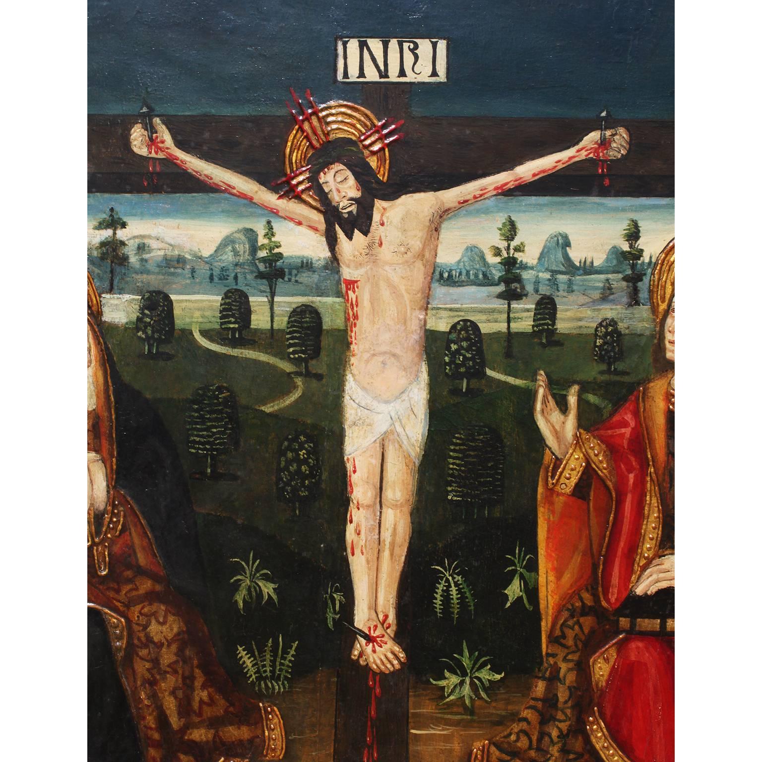 Néo-baroque Peinture à l'huile hispano-portugaise du XIXe siècle sur panneau, icône de la Crucifixion en vente