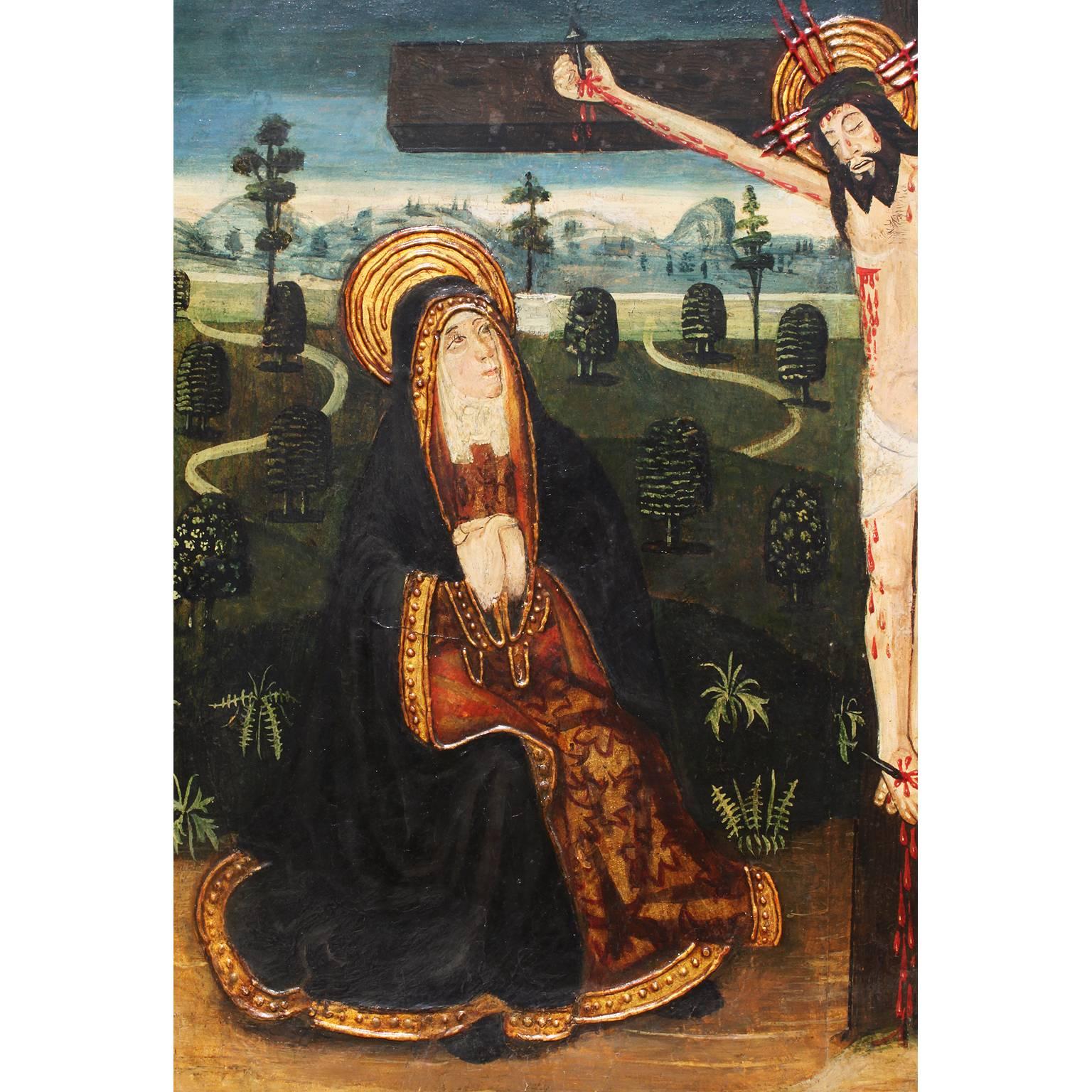 Espagnol Peinture à l'huile hispano-portugaise du XIXe siècle sur panneau, icône de la Crucifixion en vente