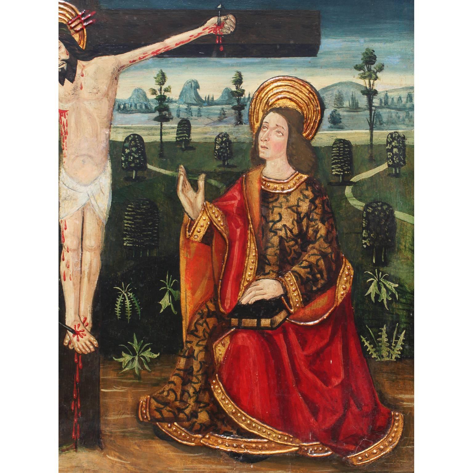 Peint à la main Peinture à l'huile hispano-portugaise du XIXe siècle sur panneau, icône de la Crucifixion en vente
