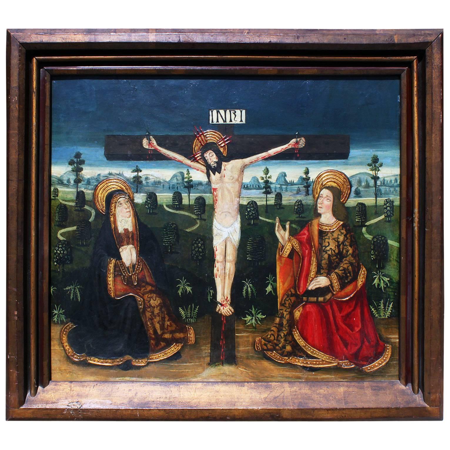 Peinture à l'huile hispano-portugaise du XIXe siècle sur panneau, icône de la Crucifixion en vente