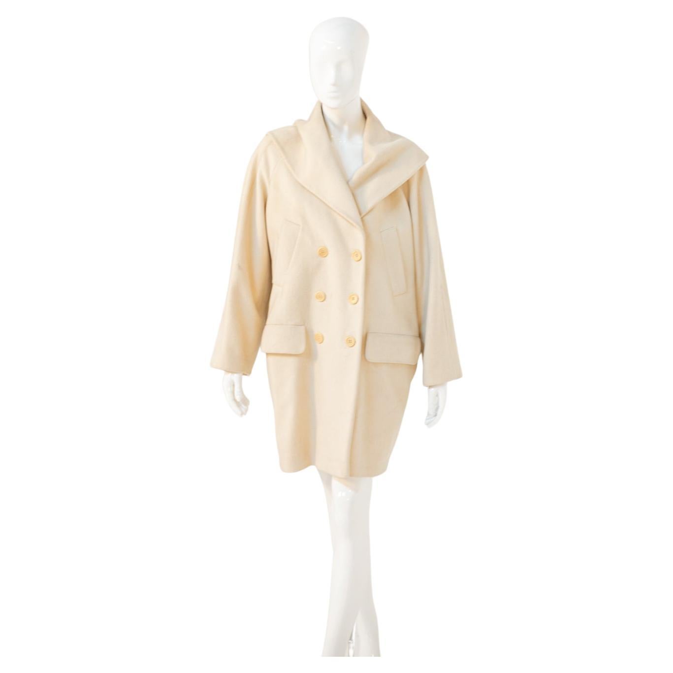 Ivory Wool Coat / Cream Wool Trench Coat/ Double-breasted 