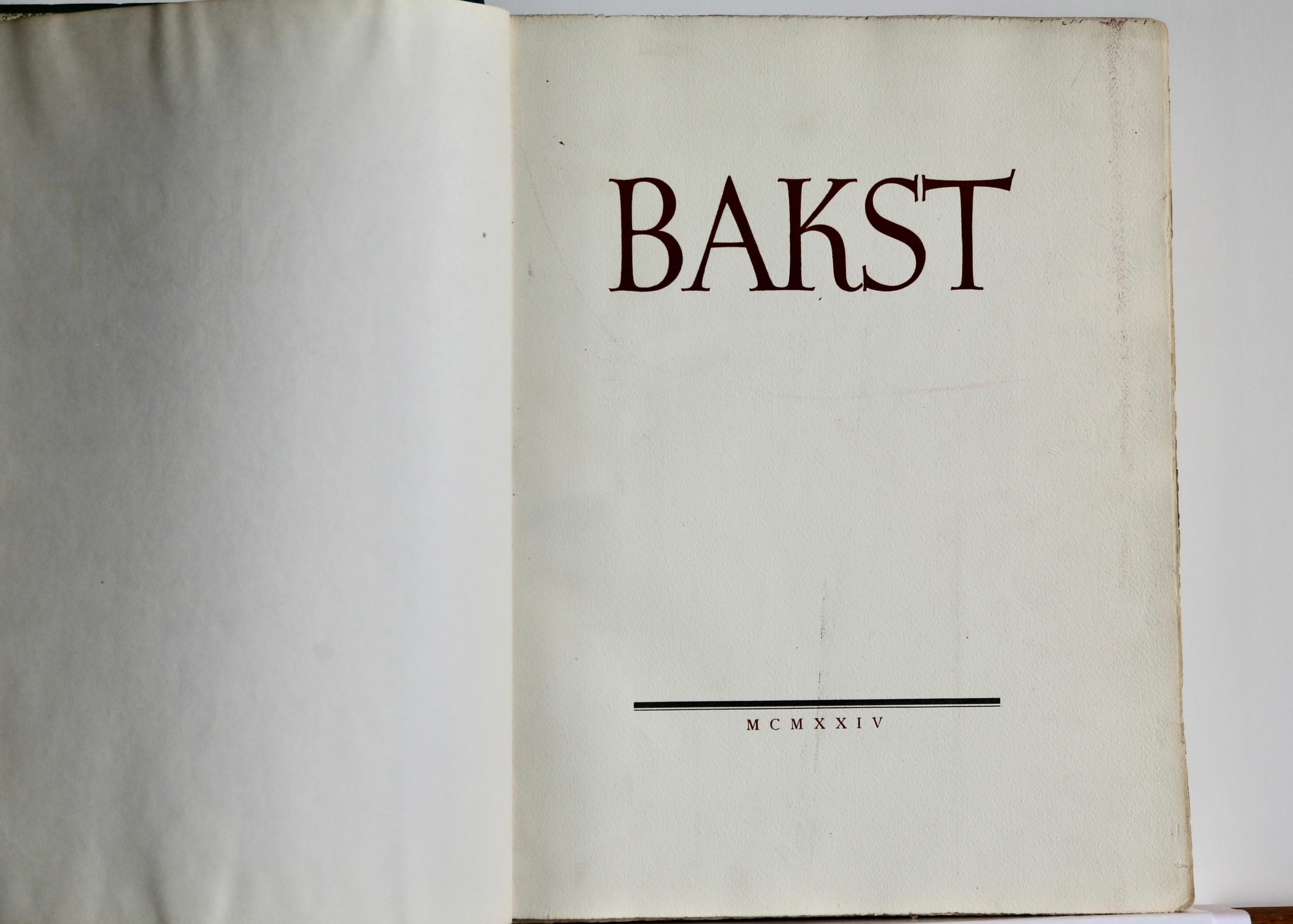 Histoire de Leon Bakst 
Copyright by Edition “L’Art Russe” Alexandre Kogan
 ECrite par Andre Levinson
Societe D’Editions et de Librairie Henri Reynaud   PARIS
 
This is number 94 of a very limited edition printed on white velluym Arches paper.
