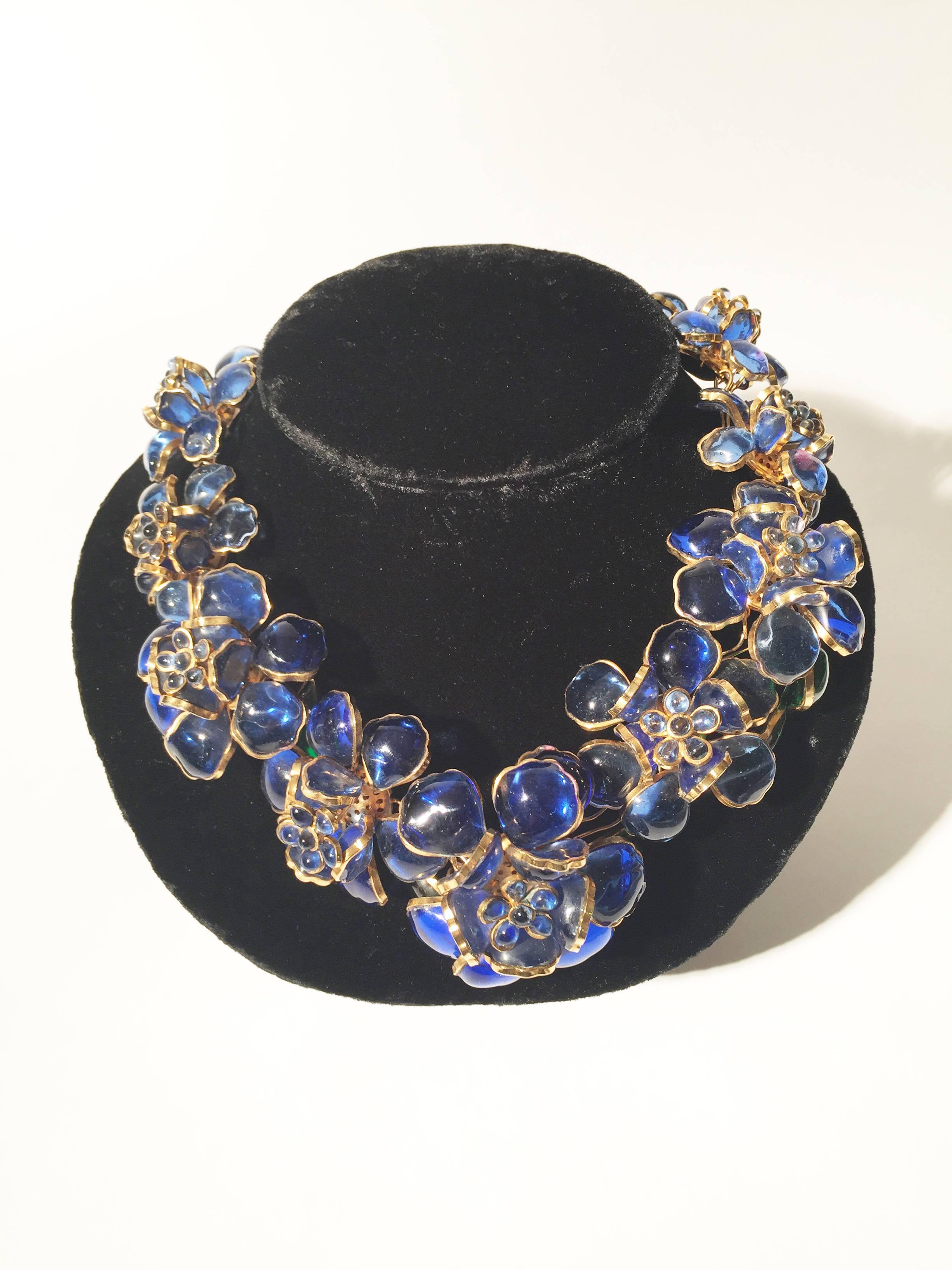 Histoire De Verre, France necklace, magnificent Gripoix poured glass necklace. Glamorous and rare three dimensional collier of Life like Camellias. Cobalt blue poured glass flowers accented by gentle green gripoix leaves. The effect is simply