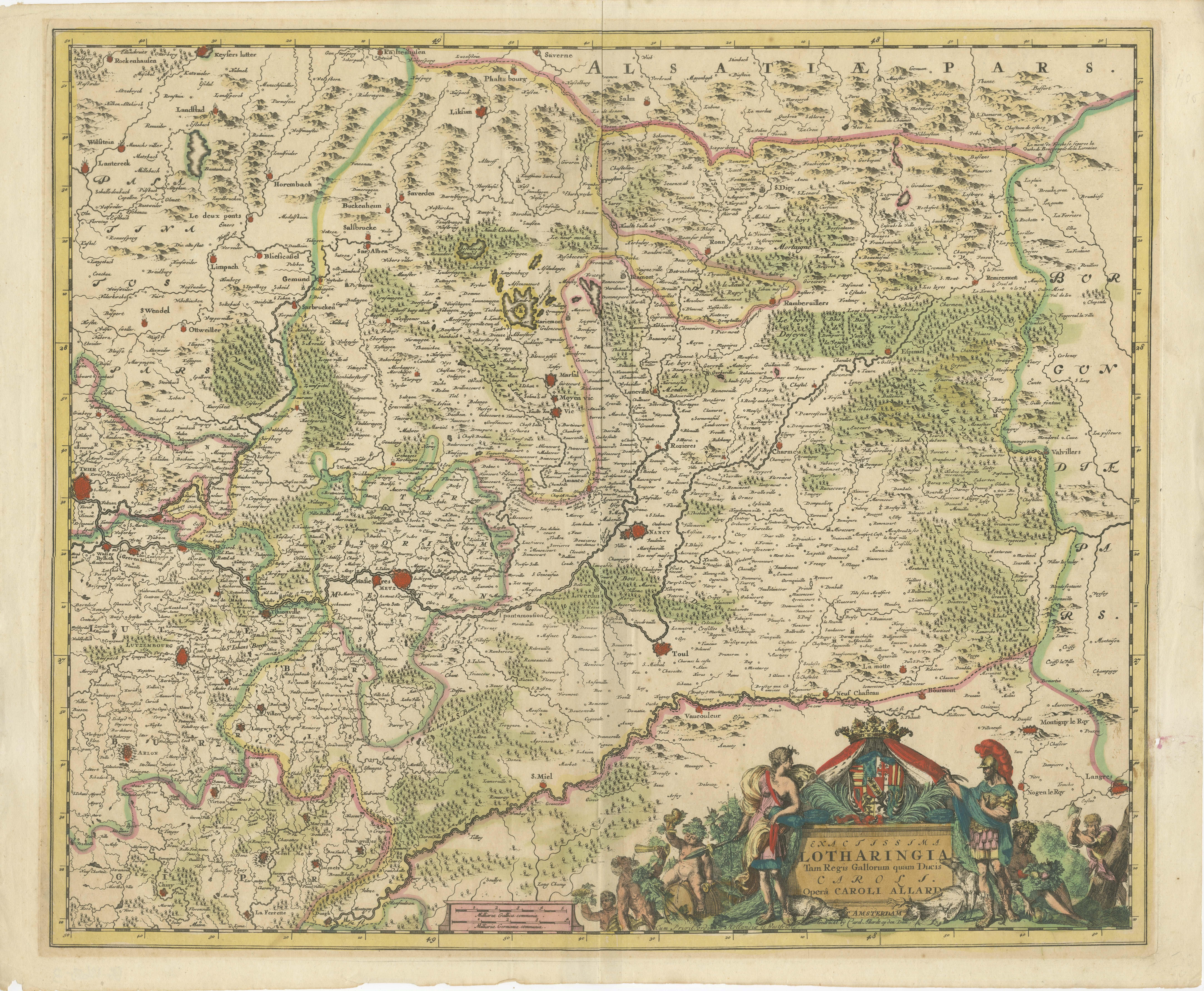 Exactissima Lotharingia - A Rare 17th Century Map of Lorraine by Carel Allard  

This fascinating map of Lorraine, created by Carel Allard around 1690, is a stunning example of copperplate engraving and old coloring. Carel Allard, a renowned Dutch